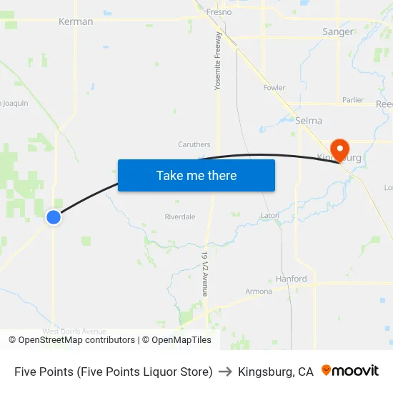 Five Points (Five Points Liquor Store) to Kingsburg, CA map