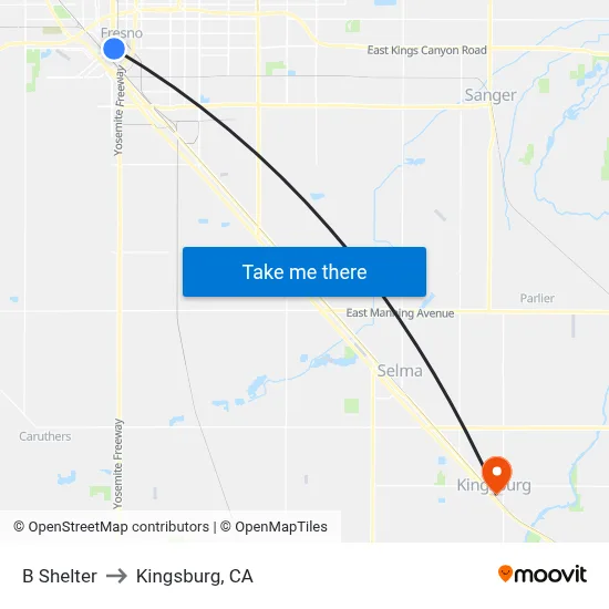 B Shelter to Kingsburg, CA map