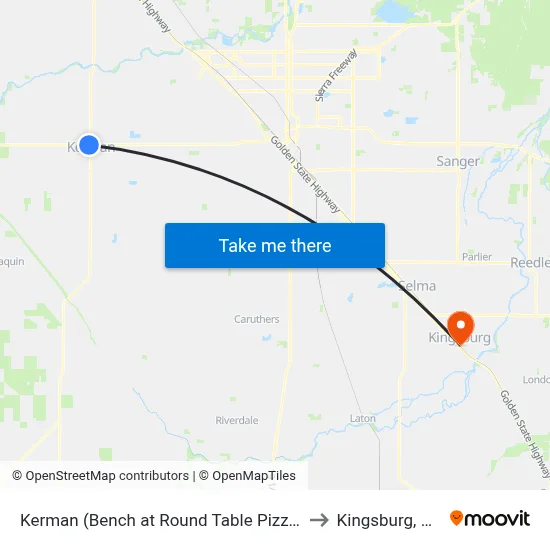 Kerman (Bench at Round Table Pizza) to Kingsburg, CA map