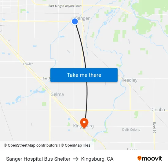 Sanger Hospital Bus Shelter to Kingsburg, CA map