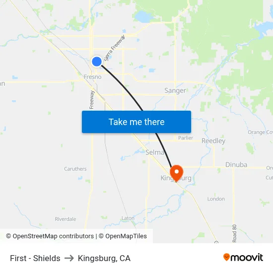 First - Shields to Kingsburg, CA map