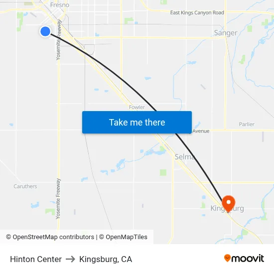 Hinton Center to Kingsburg, CA map