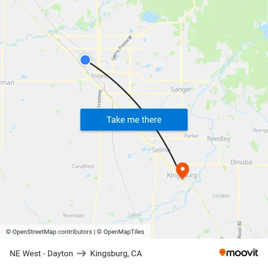 NE West - Dayton to Kingsburg, CA map