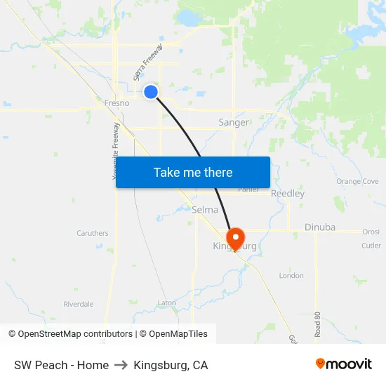 SW Peach - Home to Kingsburg, CA map