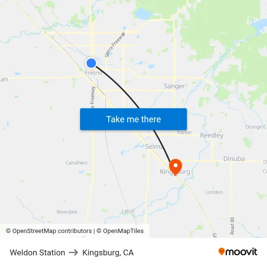 Weldon Station to Kingsburg, CA map
