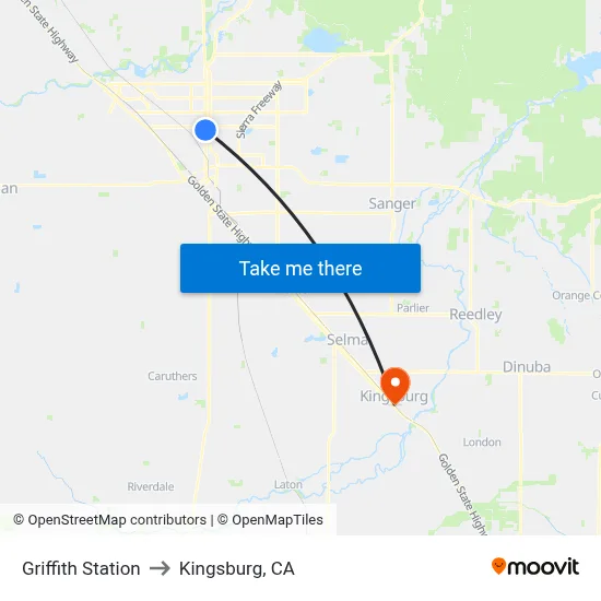 Griffith Station to Kingsburg, CA map