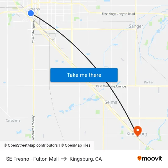 SE Fresno - Fulton Mall to Kingsburg, CA map