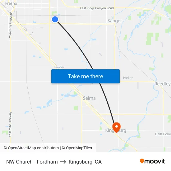 NW Church - Fordham to Kingsburg, CA map