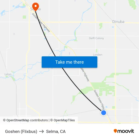 Goshen (Flixbus) to Selma, CA map