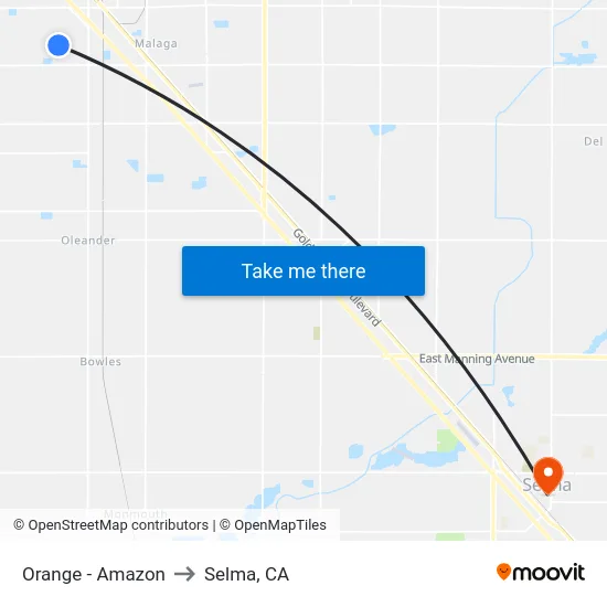 Orange - Amazon to Selma, CA map