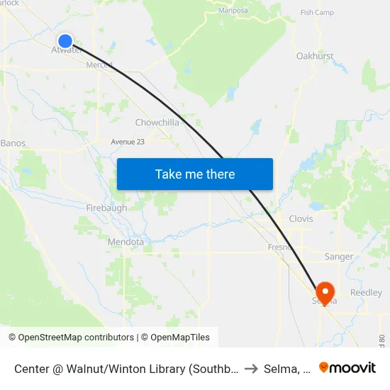 Center @ Walnut/Winton Library (Southbound) to Selma, CA map