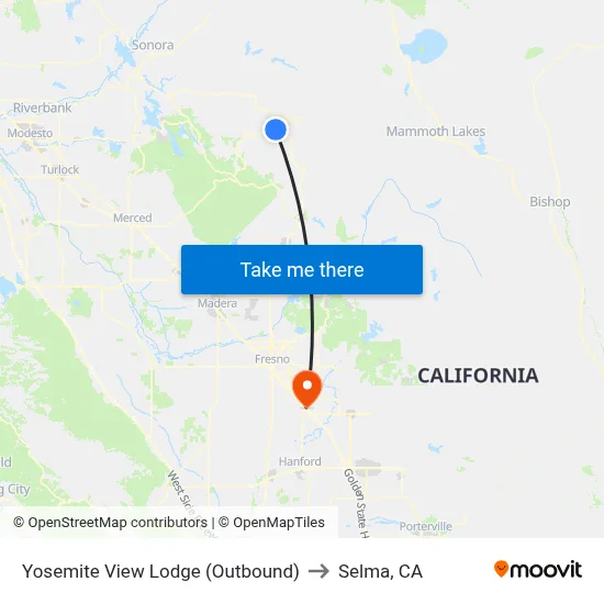 Yosemite View Lodge (Outbound) to Selma, CA map