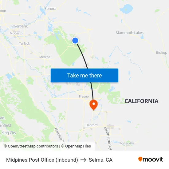 Midpines Post Office (Inbound) to Selma, CA map