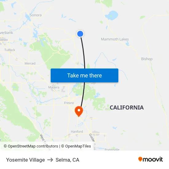 Yosemite Village to Selma, CA map