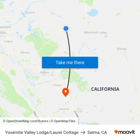 Yosemite Valley Lodge/Laurel Cottage to Selma, CA map