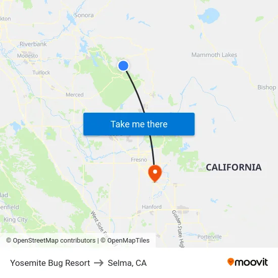 Yosemite Bug Resort to Selma, CA map