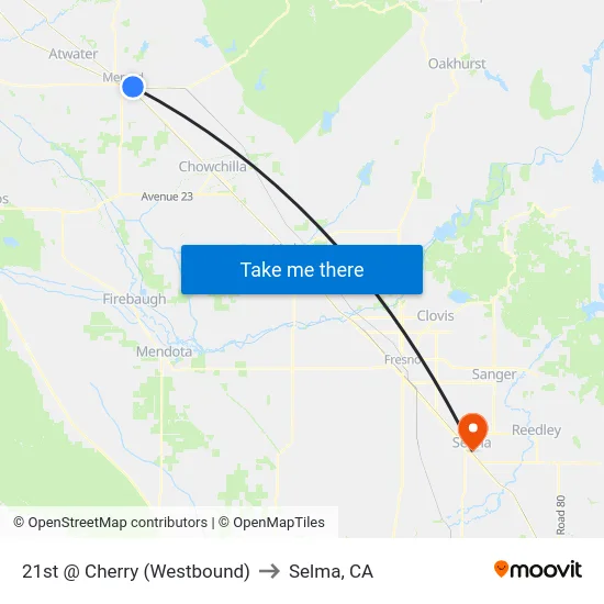 21st @ Cherry (Westbound) to Selma, CA map