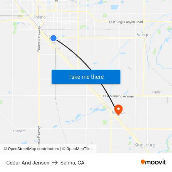 Cedar And Jensen to Selma, CA map