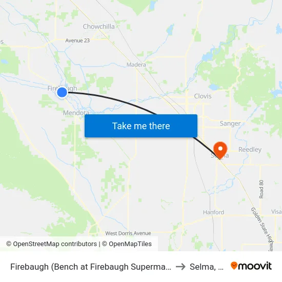 Firebaugh (Bench at Firebaugh Supermarket) to Selma, CA map