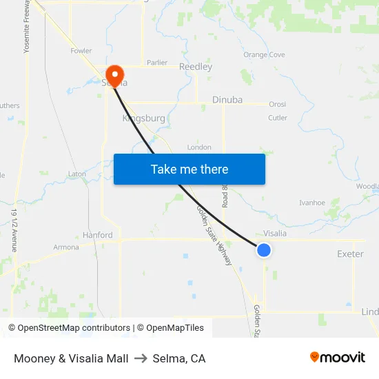 Mooney & Visalia Mall to Selma, CA map
