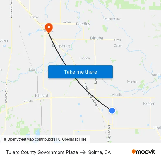 Tulare County Government Plaza to Selma, CA map