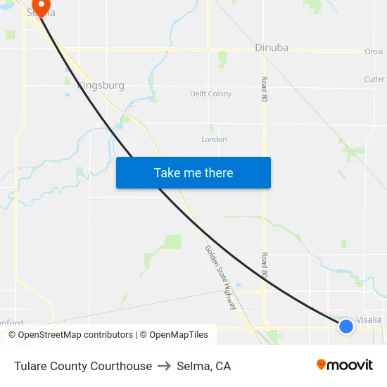 Tulare County Courthouse to Selma, CA map