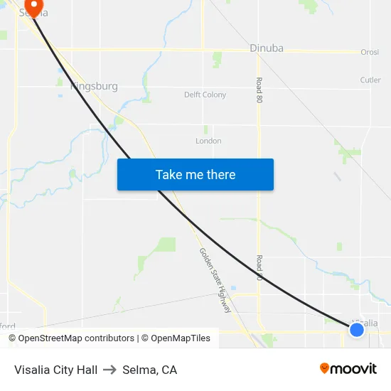 Visalia City Hall to Selma, CA map