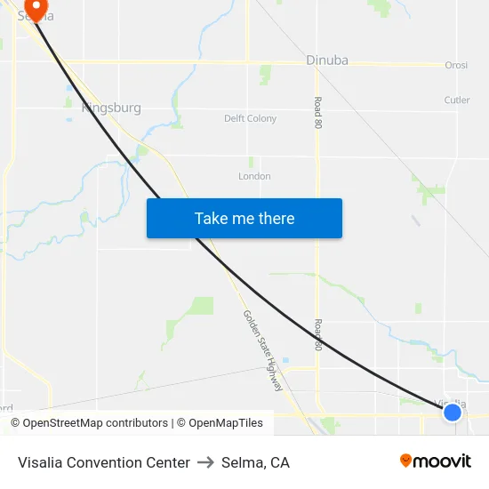 Visalia Convention Center to Selma, CA map