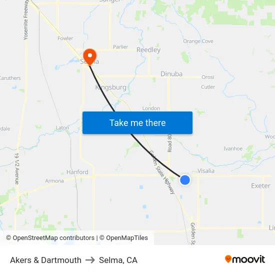 Akers & Dartmouth to Selma, CA map