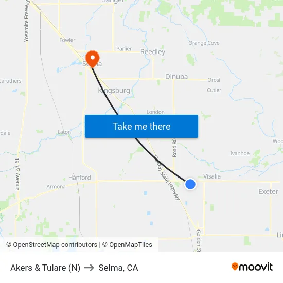 Akers & Tulare (N) to Selma, CA map