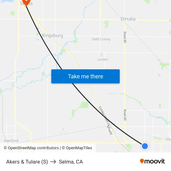 Akers & Tulare (S) to Selma, CA map