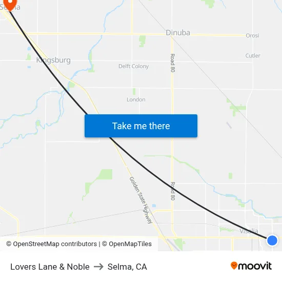 Lovers Lane & Noble to Selma, CA map