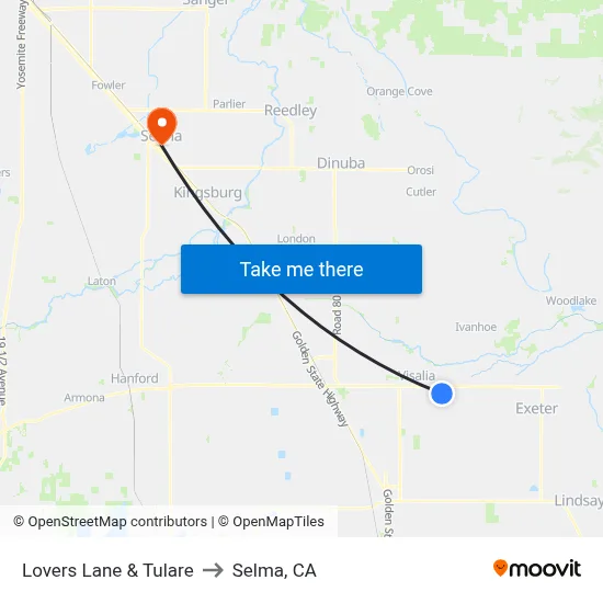 Lovers Lane & Tulare to Selma, CA map