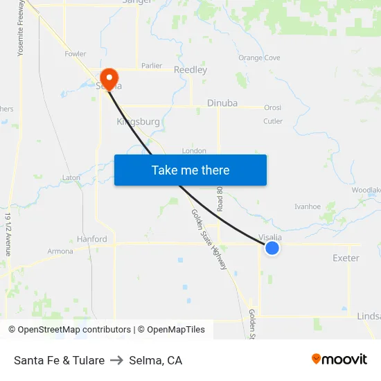 Santa Fe & Tulare to Selma, CA map