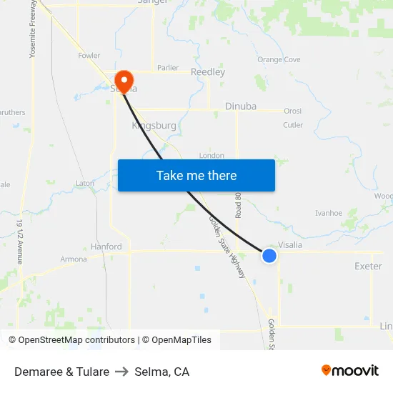 Demaree & Tulare to Selma, CA map