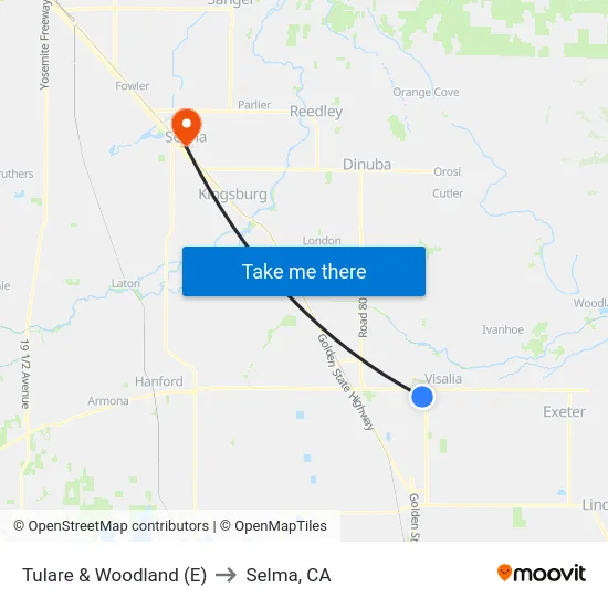 Tulare & Woodland (E) to Selma, CA map