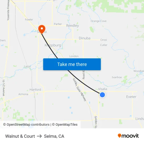 Walnut & Court to Selma, CA map