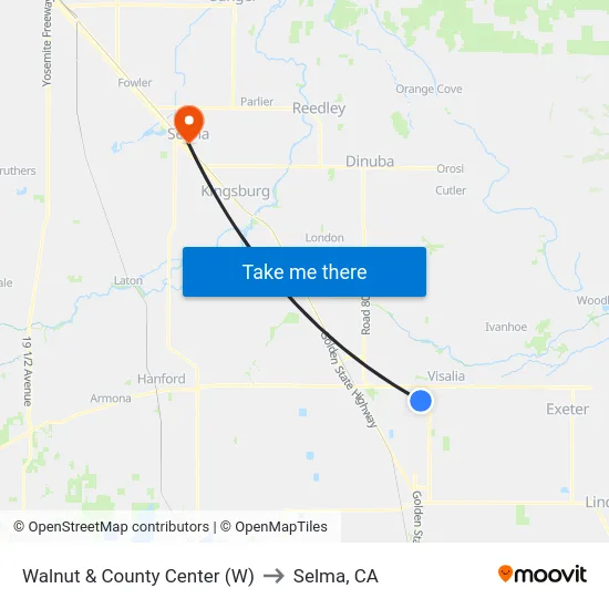 Walnut & County Center (W) to Selma, CA map