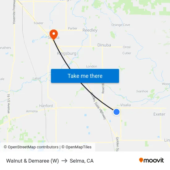 Walnut & Demaree (W) to Selma, CA map