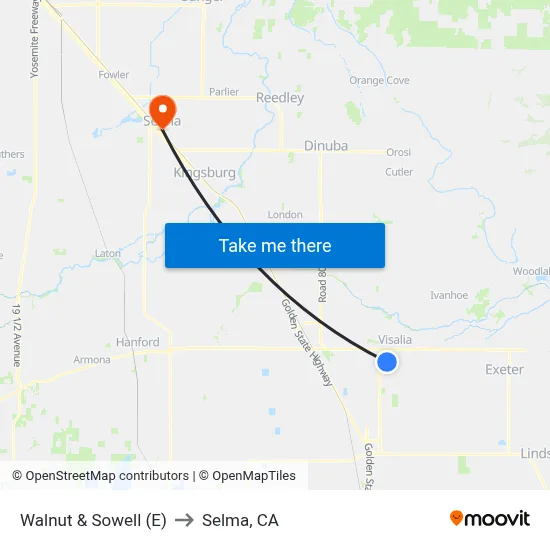 Walnut & Sowell (E) to Selma, CA map