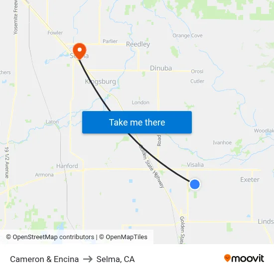 Cameron & Encina to Selma, CA map