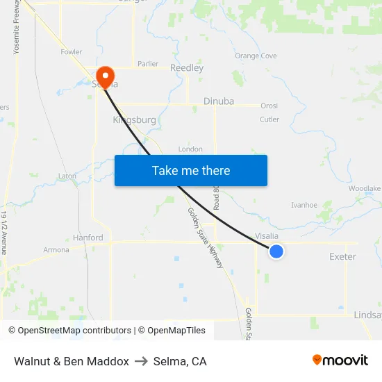 Walnut & Ben Maddox to Selma, CA map