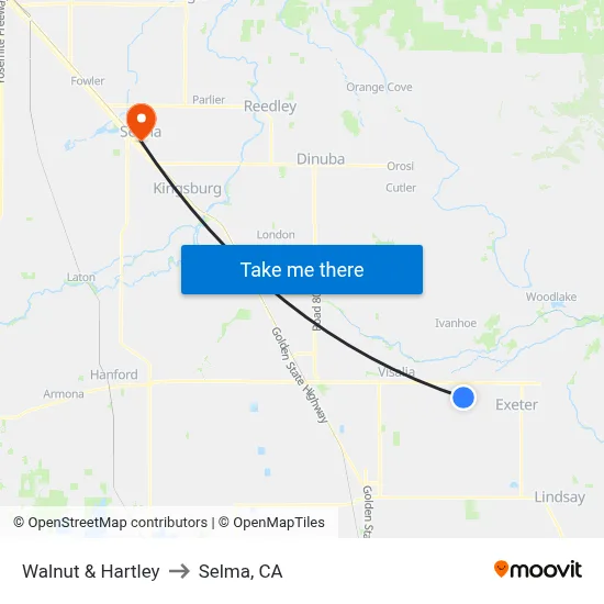 Walnut & Hartley to Selma, CA map