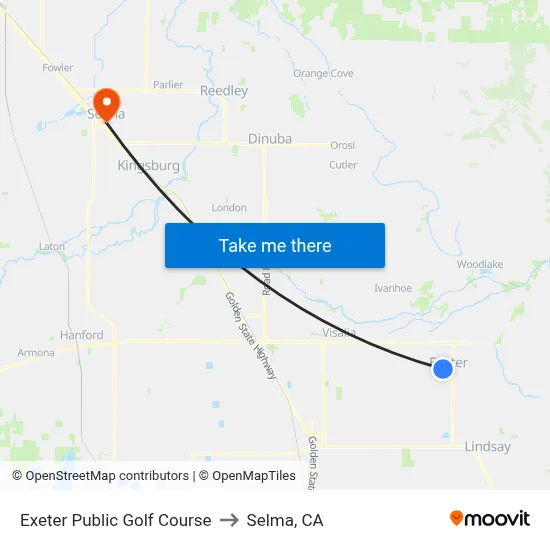 Exeter Public Golf Course to Selma, CA map