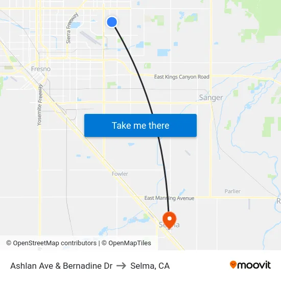 Ashlan Ave & Bernadine Dr to Selma, CA map
