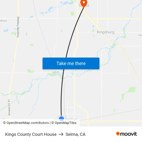 Kings County Court House to Selma, CA map