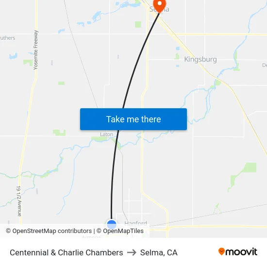 Centennial & Charlie Chambers to Selma, CA map