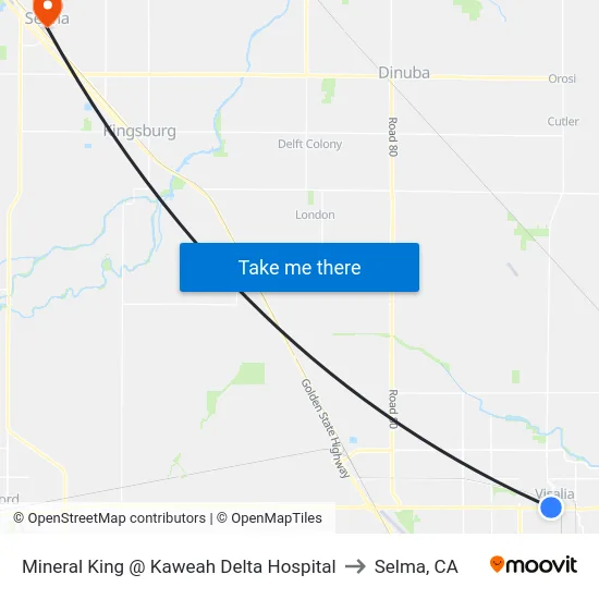 Mineral King @ Kaweah Delta Hospital to Selma, CA map