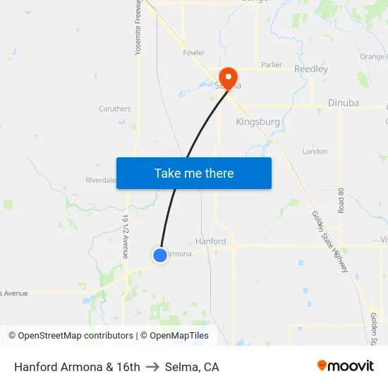 Hanford Armona & 16th to Selma, CA map