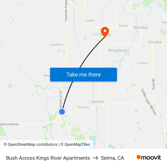 Bush Across  Kings River Apartments to Selma, CA map